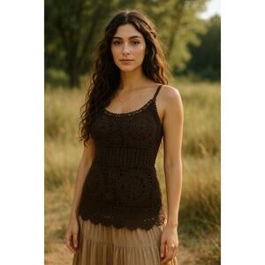 Y2K Crochet Tank Top Brown Silk Blend Sequin Boho Festival Earthy Fairycore